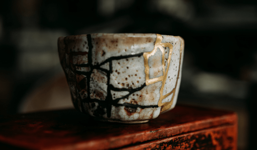 History of Upcycling Kintsugi Pottery Bowl Repaired with Gold Lacquer