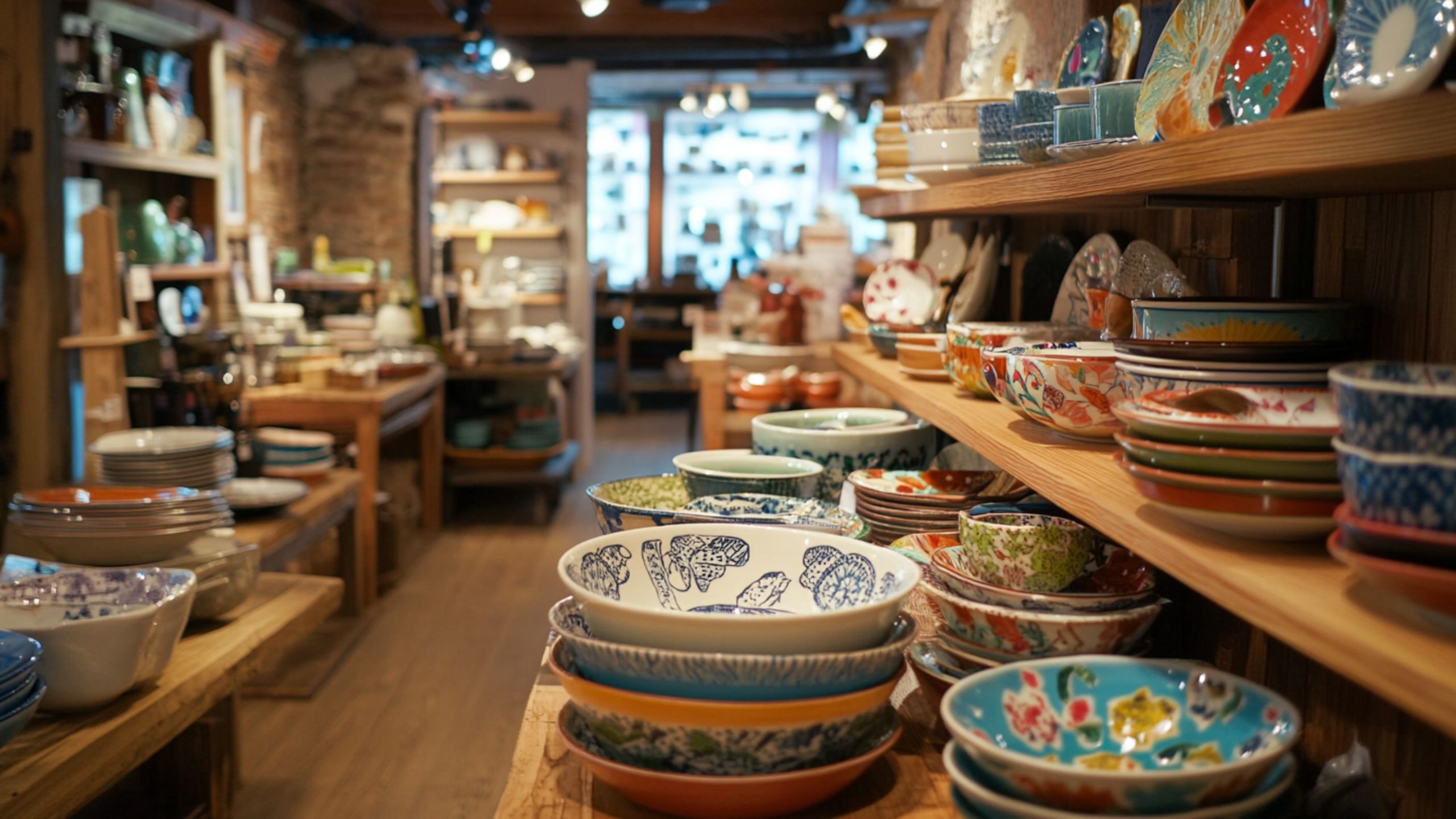 Handmade ceramics on a shelf in an artisan goods shop